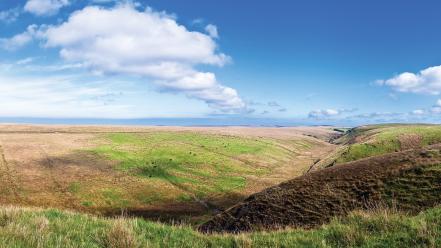 Grass hills seaside panorama sunny wallpaper