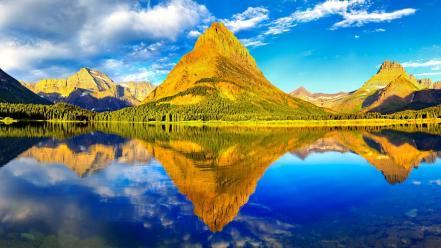 Green mountains clouds trees peaks panorama lakes reflections wallpaper