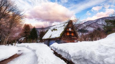 Landscapes winter snow cottage wallpaper