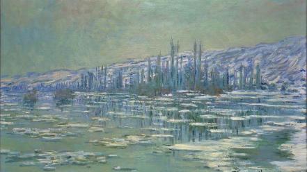 Mountains winter snow rivers claude monet impressionism wallpaper
