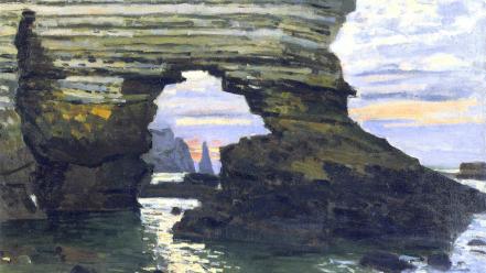 Paintings claude monet rock formations etretat impressionism sea wallpaper