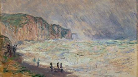 Paintings waves people claude monet cove impressionism sea wallpaper