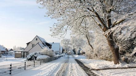 Winter snow trees houses roads wallpaper