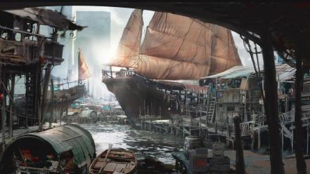 Cityscapes futuristic boats digital art science fiction artwork wallpaper