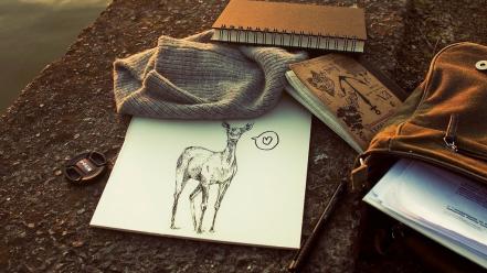 Deer books drawings pencils notebook note book wallpaper