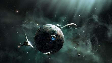 Fantasy art spaceships digital science fiction moons wallpaper