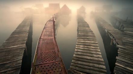 Houses fog bridges lakes wallpaper
