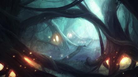 Lights forest mist fantasy art wallpaper