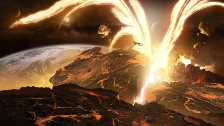 Moon spaceships digital art artwork eruption magma wallpaper