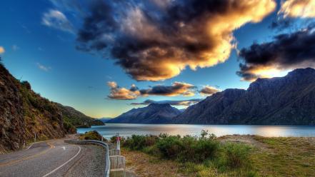 Mountains clouds landscapes roads rivers wallpaper