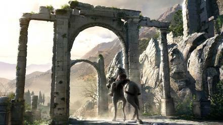 Video games mountains assassins creed ruins horses wallpaper