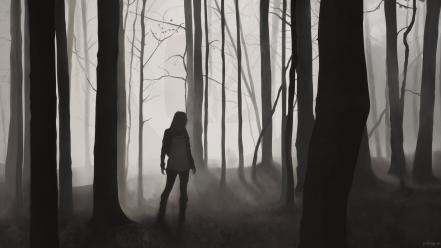 Dark forest silhouette mist monochrome artwork desktopography wallpaper