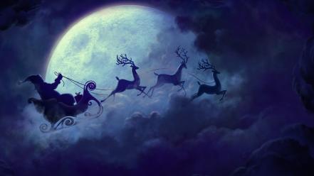 Flying moon christmas santa claus reindeer wallpaper