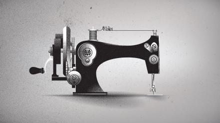 Minimalistic typography grayscale artwork machinery creativity sewing machine wallpaper