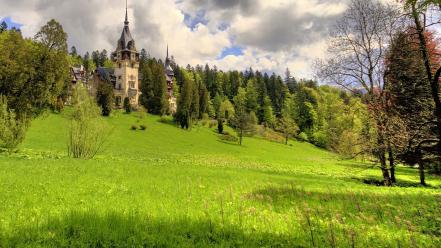 Nature castles trees grass fields palace wallpaper