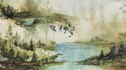 Paintings nature trees artwork rivers watercolor bon iver wallpaper