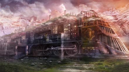 Smoke steampunk trains railroad tracks artwork cities railway wallpaper