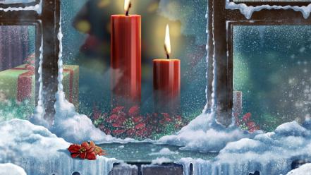 Snow presents christmas window panes candles wallpaper