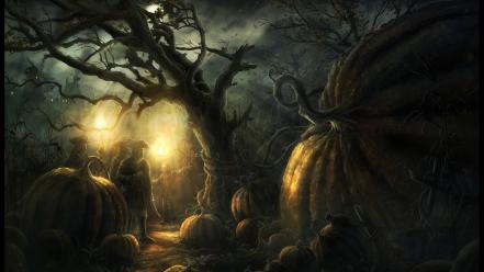 Trees dark forest halloween pumpkins radojavor wallpaper