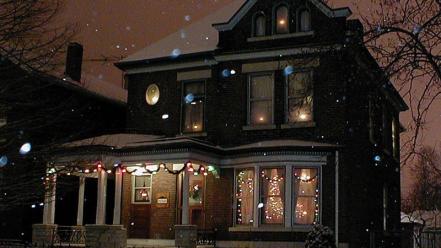 Winter snow houses snowflakes house wallpaper