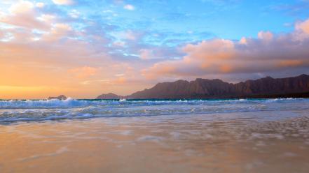 Coast beach dawn waves hills dreamy sea wallpaper