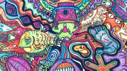 Fish psychedelic trippy artwork traditional art faces wallpaper