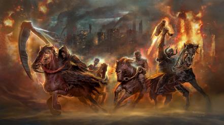 Flames war fantasy art horses cities wallpaper