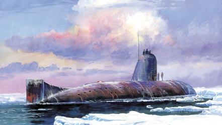 Ice military soviet submarine artwork north pole wallpaper