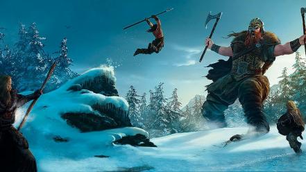 Landscapes snow trees vikings giant fantasy art artwork wallpaper