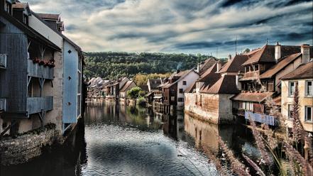 Mountains clouds trees cityscapes houses france europe rivers wallpaper