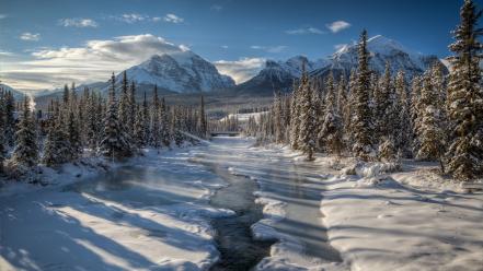 Mountains landscapes nature winter snow forests rivers wallpaper