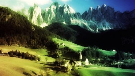 Mountains landscapes rainbows church low resolution wallpaper