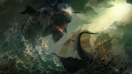 Paintings dark monsters ships fantasy art artwork wallpaper