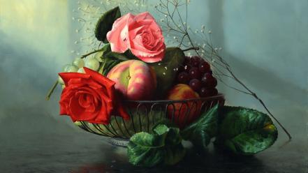 Paintings fruits baskets roses still life wallpaper