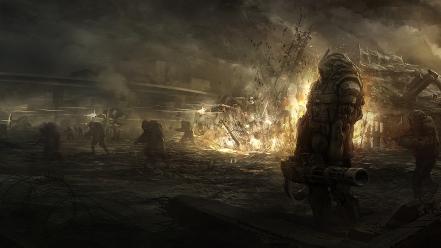 War dystopia smoke destruction science fiction artwork warriors wallpaper