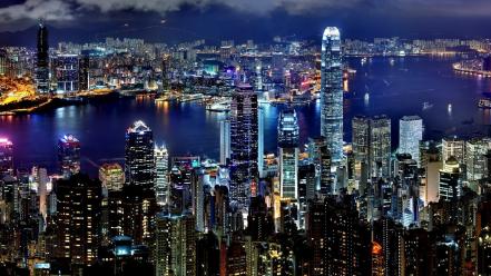 Water lights hong kong skyscrapers city night wallpaper