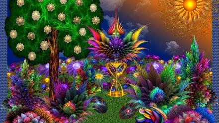 Abstract sun artistic multicolor flowers wallpaper