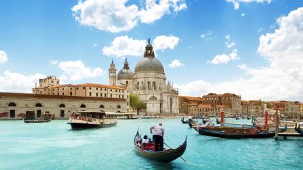 Architecture boats venice italy cathedral lakes blue skies wallpaper