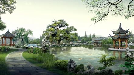 Digital art artwork realistic lakes japanese architecture wallpaper