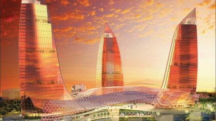 Futuristic architecture design buildings flame azerbaijan baku towers wallpaper