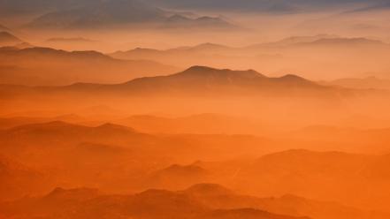 Landscapes nature orange hills fog mist evening wallpaper
