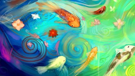 Water flowers fish artwork wallpaper