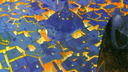 Artwork traditional art moebius cities french artist wallpaper