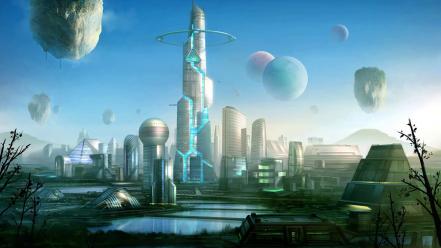 Castles futuristic fantasy art future cities wallpaper