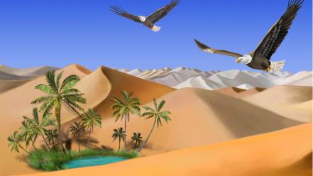 Desert eagles digital art palm trees birds wallpaper