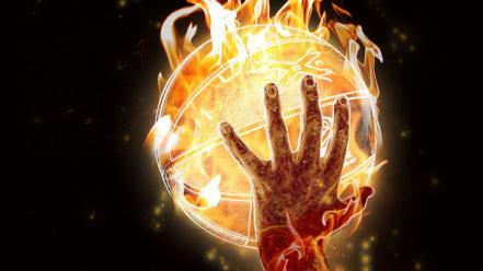 Fire hands elements balls basketball on wallpaper