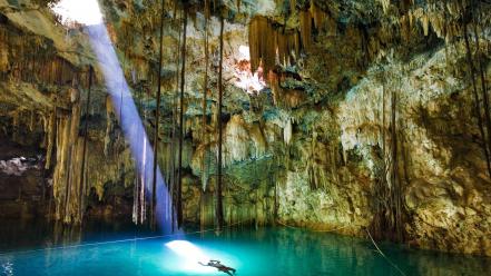 Light landscapes nature cave swimming stalactites azure wallpaper