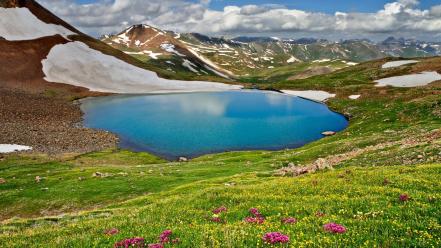 Mountains landscapes nature flowers spring wallpaper