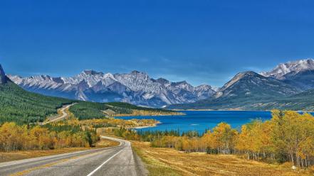 Nature autumn forests canada roads lakes sunny wallpaper