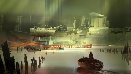 People boats digital art science fiction artwork wallpaper